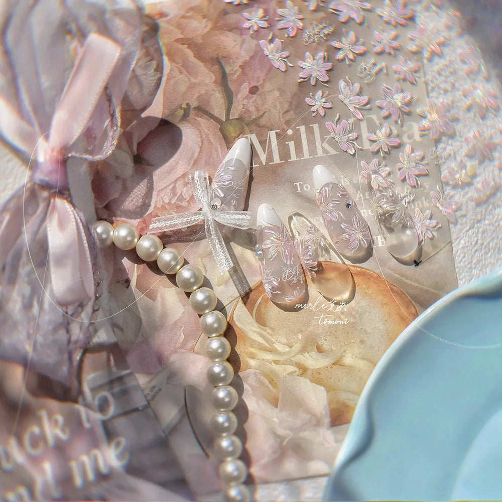 White Pink Flower Dreamy Romantic Petal Jelly Shiny Peach Blossom Polarized Light Delicate Nail Art Stickers 5D Manicure Decals (ONLINE ORDER ONLY)