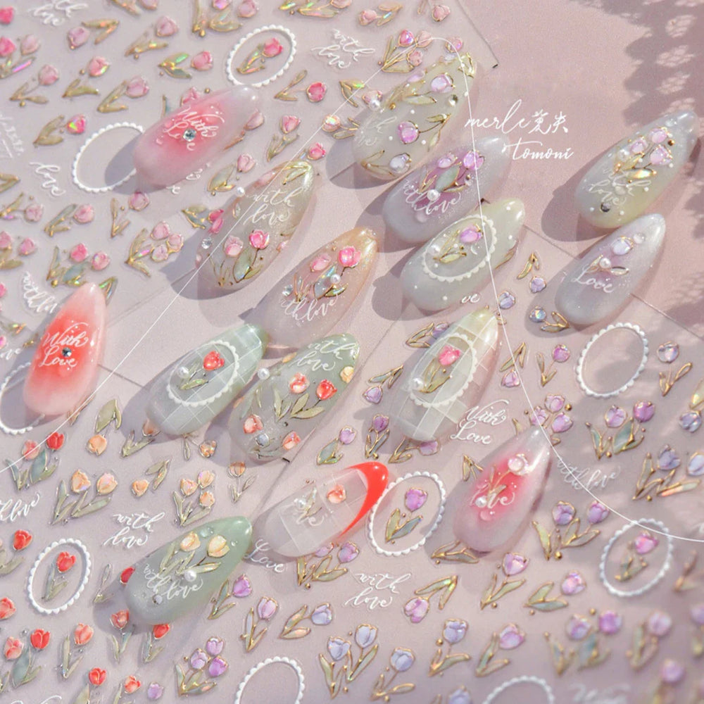 Retro Border Colourful Pink Purple Tulip Flower Bouquet Garden Fragrant 5D Soft Relief Adhesive Nail Art Sticker Manicure Decals (ONLINE ORDER ONLY)