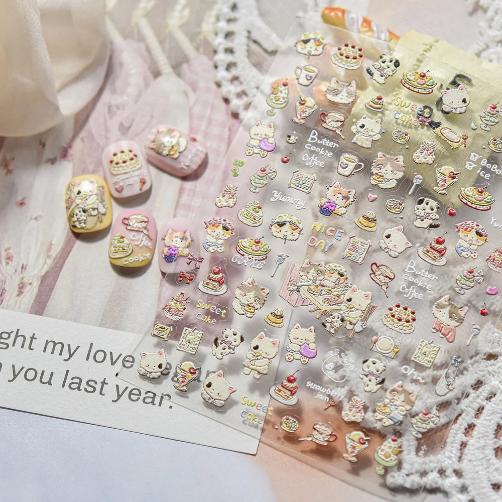 Cute Cat Cherry Sweet Cake Dog Butter Cookie Coffee Strawberry Jam Ice Cream Adhesive Nail Art Decoration Sticker Manicure Decal (Online Order Only)