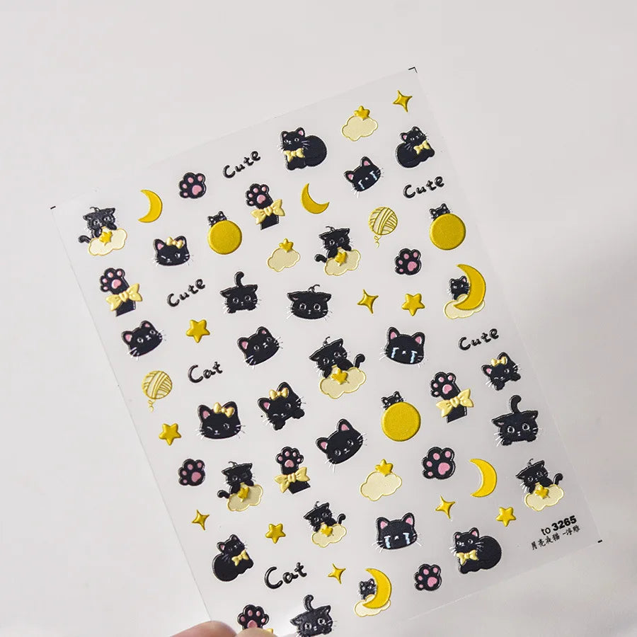 Cartoon Black Kitten Cute Cat Star Moon Bowknot Cat's Paw Flaky Cloud Self Adhesive Nail Art Decoration Stickers Manicure Decals (ONLINE ORDER ONLY)