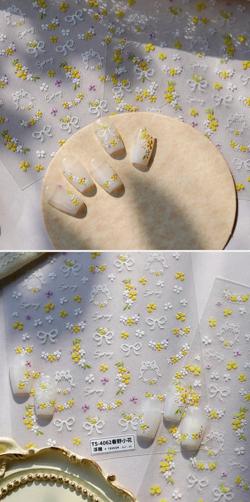 Yellow Purple Mini Flower White Lace Bowknot Flower Bouquet Spring 5D  Adhesive Nail Art Decoration Stickers DIY Manicure Decals (ONLINE ORDER ONLY)