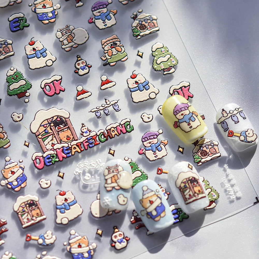 Cat House Snow Tree Window Fish Star Shiny Snowman Duck 5D Self Adhesive Nail Art Stickers Hat Apple Rhinestone Manicure Decals (ONLINE ORDER ONLY)