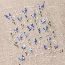 Dreamy White Lace Bowknot Purple Pink Gradual Tulip Flower Butterfly Garden Relief Adhesive Nail Art Stickers Manicure Decals (Online Order Only)
