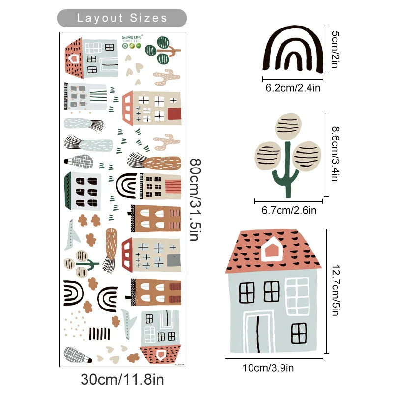 Cartoon City Houses Trees Airplane Watercolor Vinyl Wall Decals Kids Room Decor (Online Order Only)