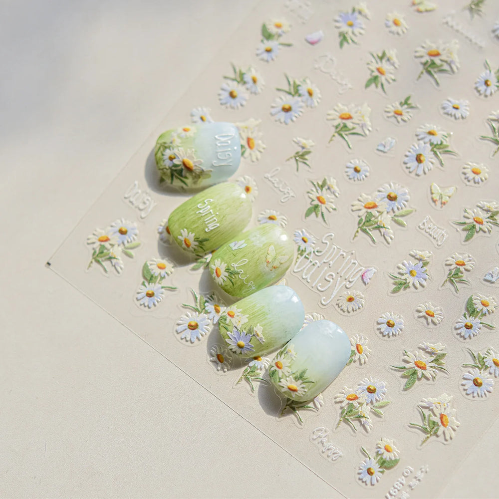 Rural Style White Daisy Flower Butterfly Small Wildflowers 5D Soft Embossed Relief Adhesive Nail Art Stickers 3D Manicure Decals (ONLINE ORDER ONLY)