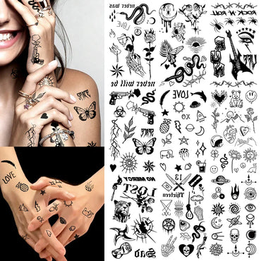 10pcs Waterproof Temporary Tattoo Sticker Dark Small Symbol Emoticon Flower Skull Body Art Arm Fake Tattoos Women Men Neck Hand (Online Order Only)