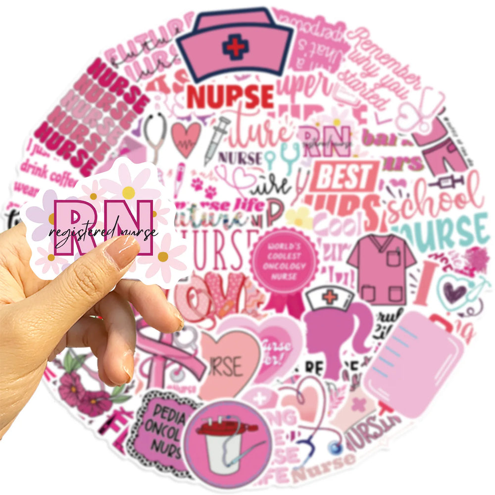Cute Nurse Stickers Pack - Pink Cartoon Decals for Luggage, Laptop, Guitar, Car, Bike, Skateboard (ONLINE ORDER ONLY)