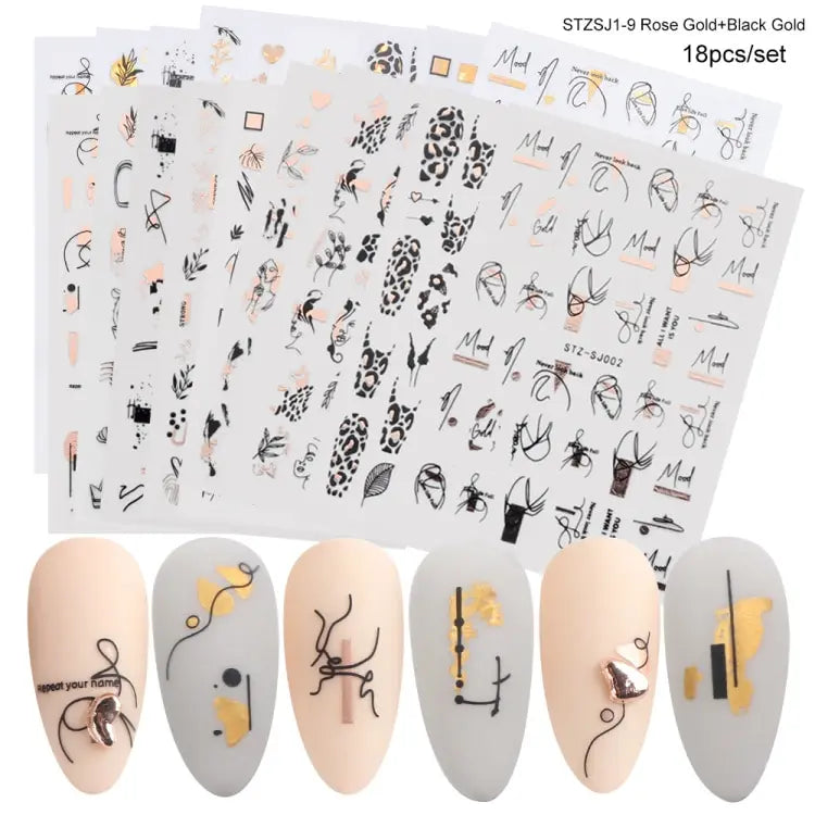 18pcs Nail Stickers Set Mixed Designs 3D Holographic Laser Abstract Stripes Flower Leaf Decals Nail Sliders Manicure Decorations (ONLINE ORDER ONLY)