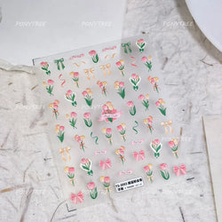 Dreamy White Lace Bowknot Purple Pink Gradual Tulip Flower Butterfly Garden Relief Adhesive Nail Art Stickers Manicure Decals (Online Order Only)