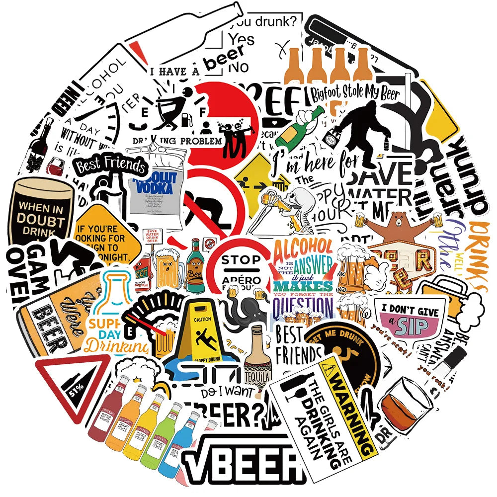 Cartoon Alcoholism Stickers Waterproof Decal for Laptop Motorcycle Luggage Snowboard Fridge Phone Car (ONLINE ORDER ONLY)