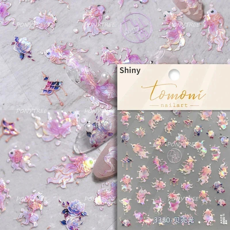 Pink Star Oceanic Shell Starfish Conch Bowknot Embossment Shiny Delicate 5D Chic Self Adhesive Nail Art Stickers Manicure Decals (Online Order Only)