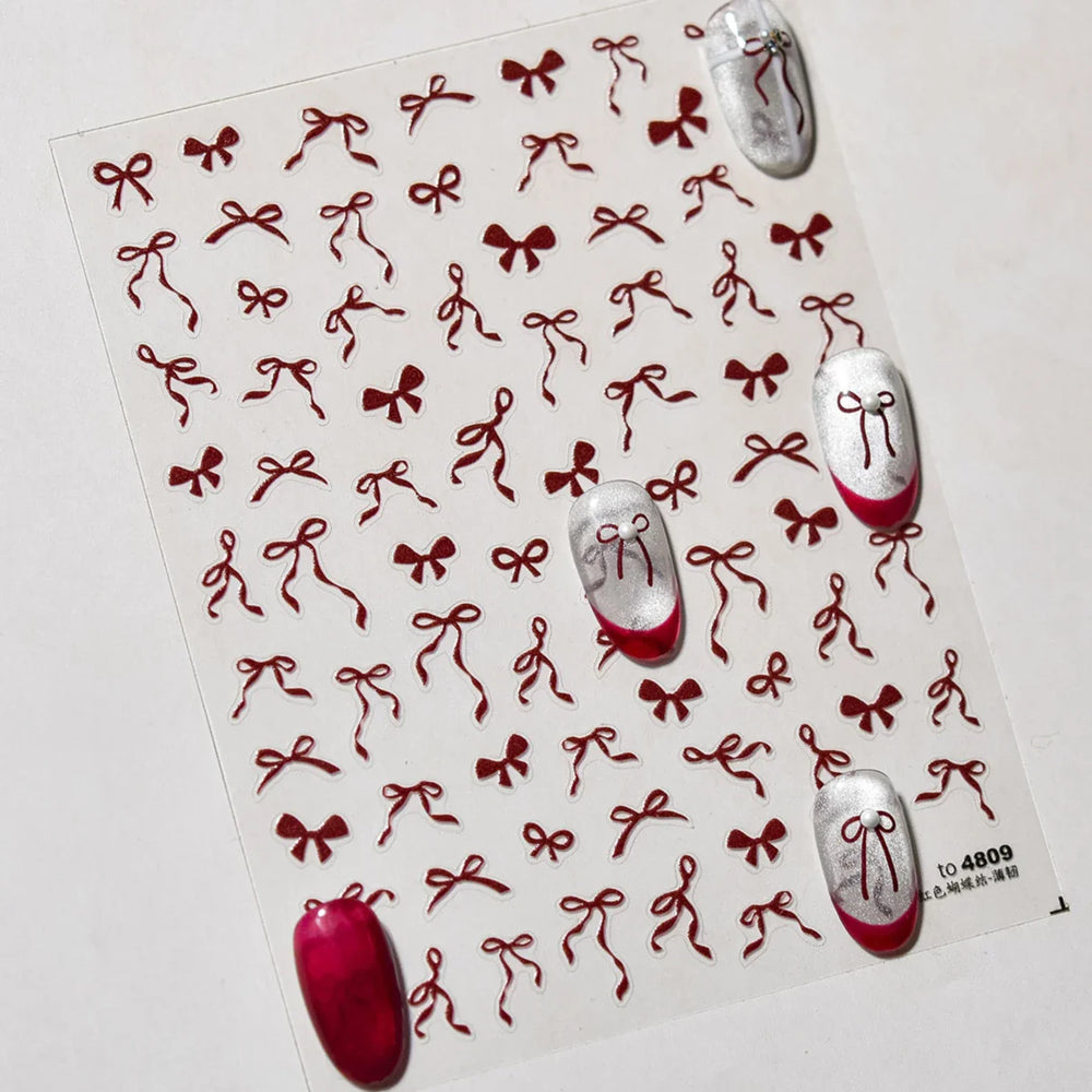 Chic Red Bowknot Silk Ribbon Pearl Elegant Line Self Adhesive Nail Art Stickers Dressy Rhinestone Manicure Decals Nail Supplies (Online Order Only)