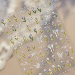 Dreamy White Lace Bowknot Purple Pink Gradual Tulip Flower Butterfly Garden Relief Adhesive Nail Art Stickers Manicure Decals (Online Order Only)