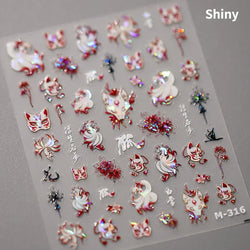 Pretty Red Equinox Flowers Tragedy Love Nine-tailed Fox Mask Manjusaka Chinese Style Soft Relief Nail Art Sticker Manicure Decal (ONLINE ORDER ONLY)