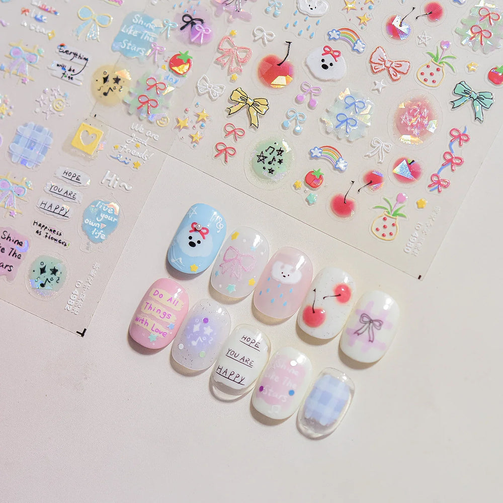 Dyeing Apple Cherry Fruit Dog Puppy Bowknot Colorful Cartoon Graffiti Reliefs Adhesive Nail Art Stickers Flowers Manicure Decals (ONLINE ORDER ONLY)