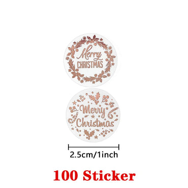 1" Merry Christmas Rose Gold Waterproof Stickers - 100-500 Pcs Holiday Gift Seals (Online Order Only)