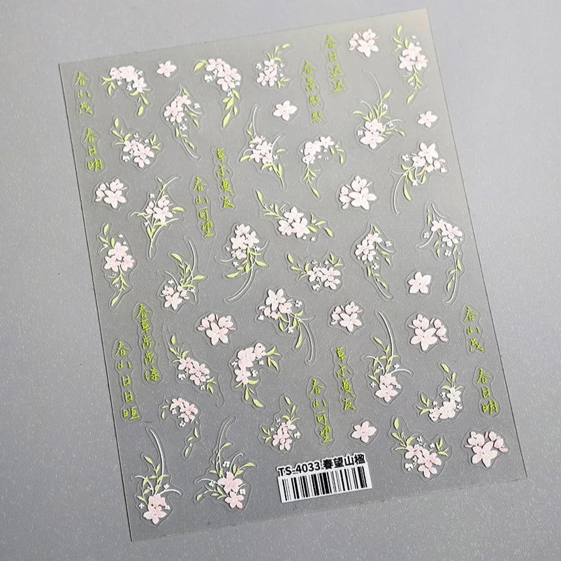 Mountain Flower Peach Blossom Vibrant Flowers Green Leaves Antique Chic Self Adhesive Nail Art Stickers Spring 3D Manicure Decal (ONLINE ORDER ONLY)