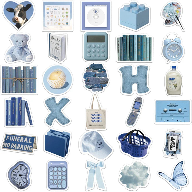 10/30/60PCS Cute Blue INS Sticker Aesthetic Sketchbook PVC Laptop Diary Decoration Scrapbooking School Stationery Supply for Kid (ONLINE ORDER ONLY)