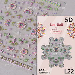 Pink Blue Yellow Embroidery Totems Geometric Floral Pattern Flower 5D Embossed Nail Art Stickers Bohemian Style Manicure Decals (ONLINE ORDER ONLY)
