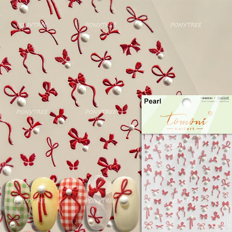 Pink White Bowknot Jelly Knot Lace Delicate Decorative Border Shiny 5D Self Adhesive Nail Art Stickers Manicure Decals Wholesale (Online Order Only)