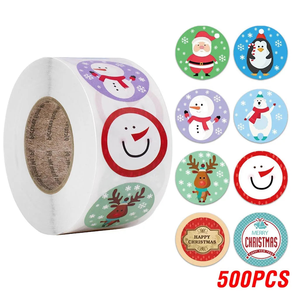100-500pcs Christmas Stickers Roll Cartoons Gift Card Party Package Cute Santa Label Sealing Decor Party Supplies For Reward Kid (ONLINE ORDER ONLY)