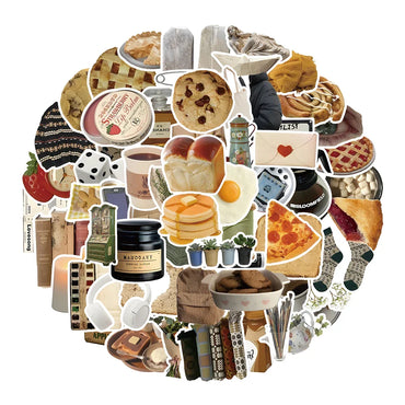 10/30/60pcs Ins Style Cute Vintage Cartoon Stickers Food Graffiti Decals DIY Laptop Notebook Scrapbook Car Wall Sticker Kids Toy (ONLINE ORDER ONLY)