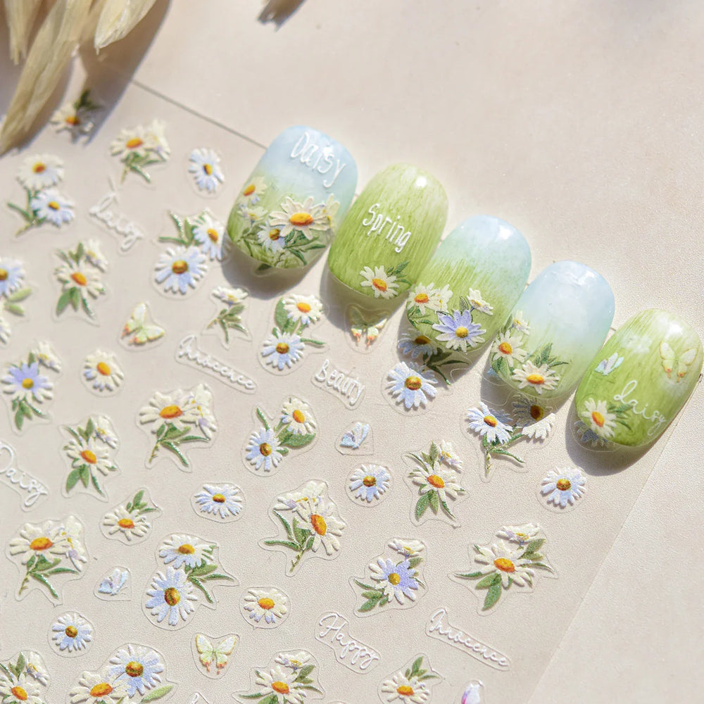 Rural Style White Daisy Flower Butterfly Small Wildflowers 5D Soft Embossed Relief Adhesive Nail Art Stickers 3D Manicure Decals (ONLINE ORDER ONLY)