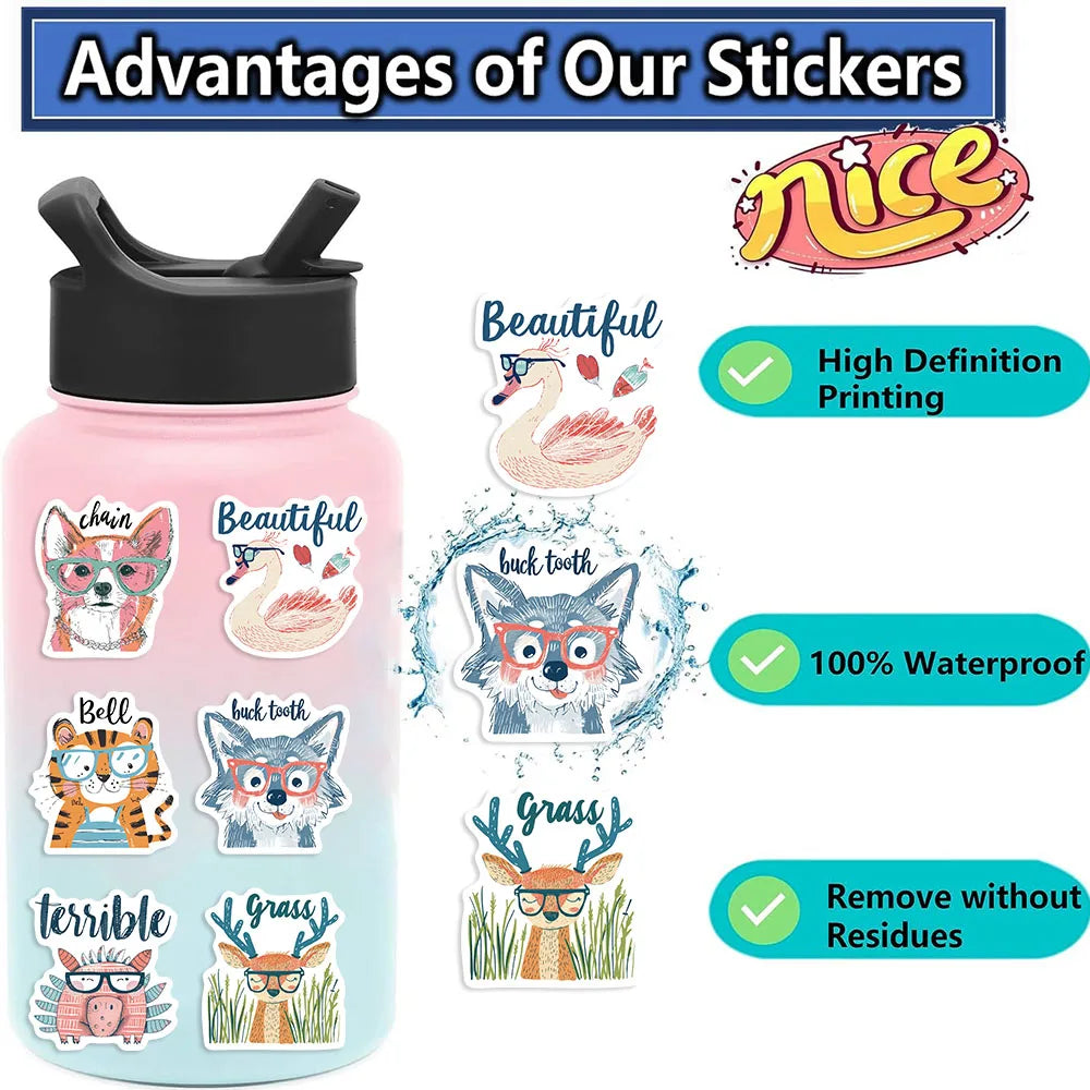 50PCS Cute Cartoon Animal Interjections Stickers DIY Phone Guitar Laptop Notebook Suitcase Cup Waterproof Sticker Kids Toy (ONLINE ORDER ONLY)