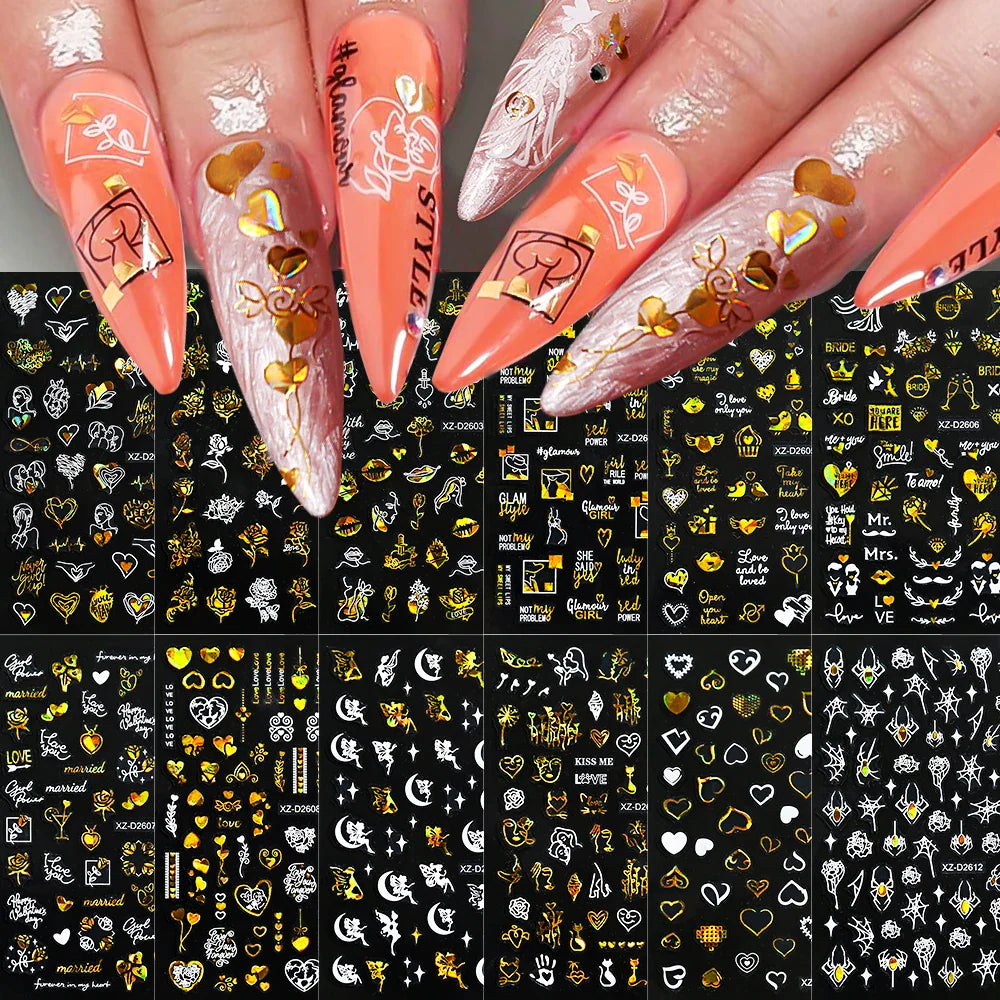 1PC Holographic Laser Heart Nail Stickers-3D Self-Adhesive Golden White Valentines Day Nail Decals For Women Nail Art Decoration (ONLINE ORDER ONLY)