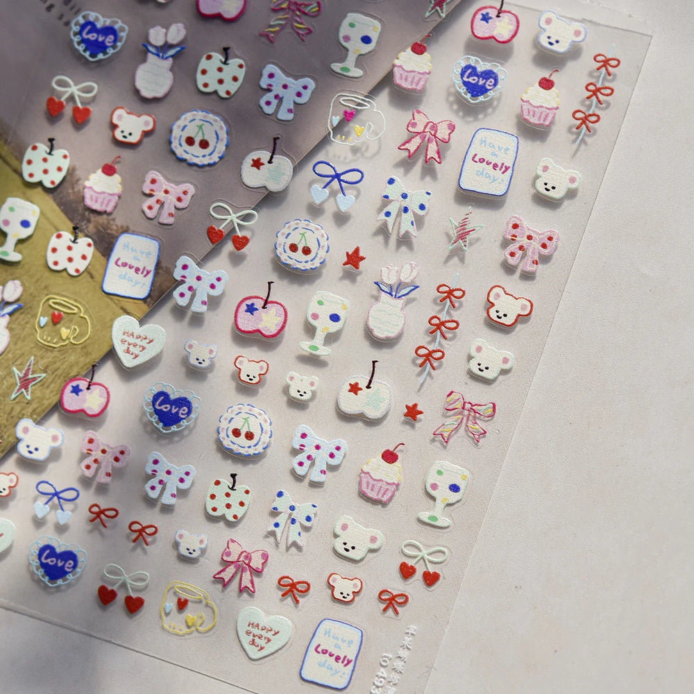 Bear Bowknot Bag Dessert Apple Core Earphone Cup Tulip Cherry Milk Cake Cookies Flower Adhesive Nail Art Stickers Manicure Decal (ONLINE ORDER ONLY)