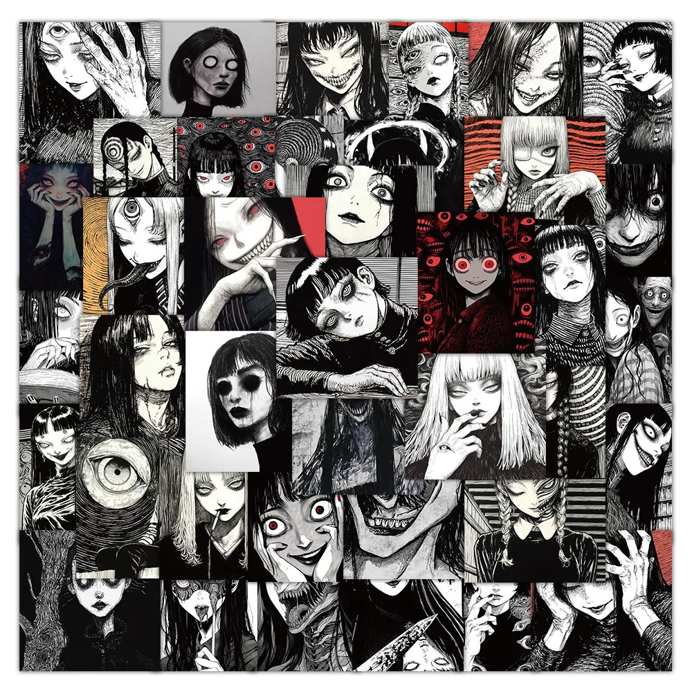 Black & White Horror Girl Stickers - 10/30/50PCS for Phone, Laptop, Luggage, Skateboard, DIY Decals (ONLINE ORDER ONLY)
