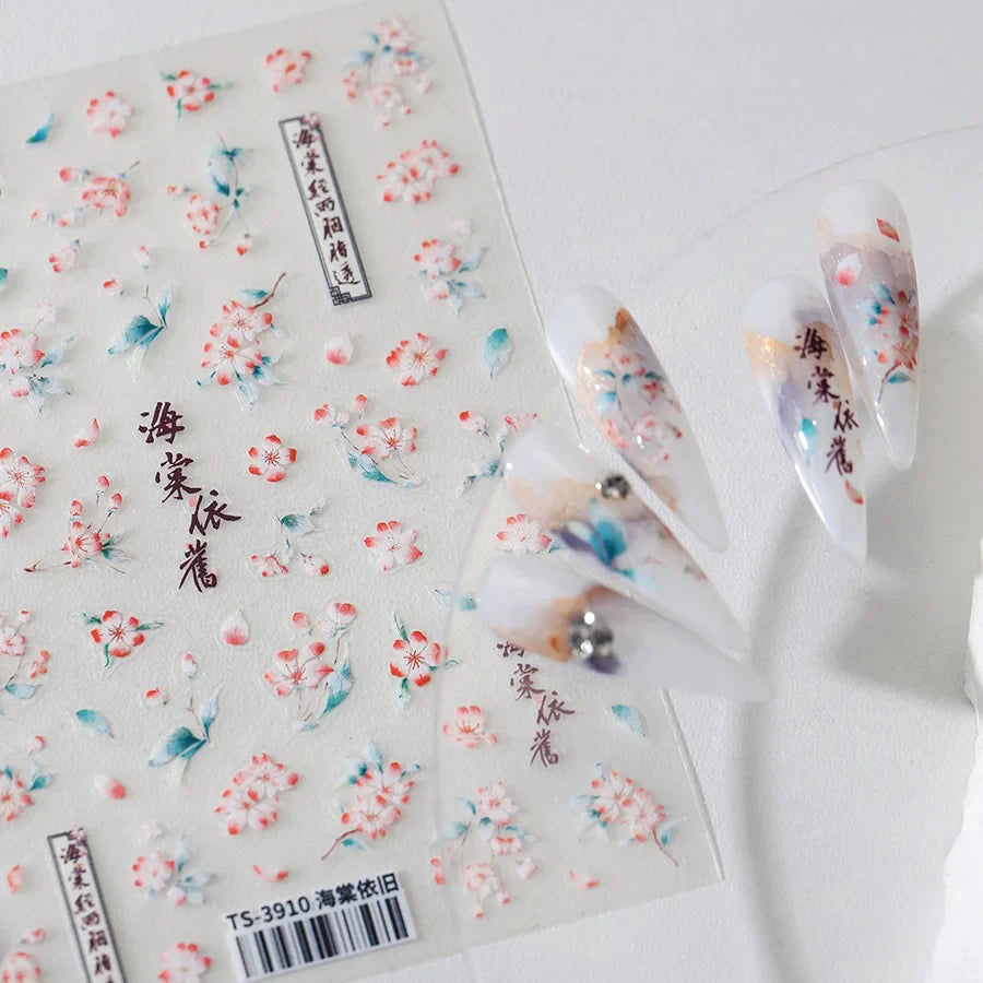 Chic Begonia Flower Miss-grass Pink Gradient Cherry-apple Tree Leaves Peach Blossom Adhesive Nail Art Spring Nail Stickers Decal (ONLINE ORDER ONLY)