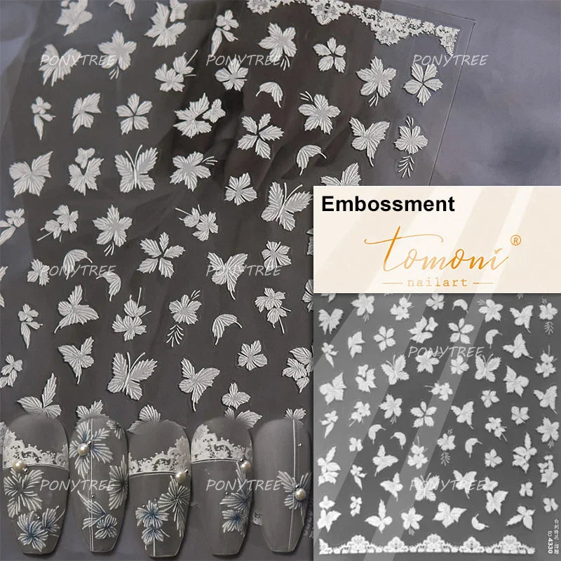 Pure White Lily Petals Flower Butterfly Branch Leaves Line Minimalist Self Adhesive Nail Art Decorations Sticker Manicure Decals (ONLINE ORDER ONLY)