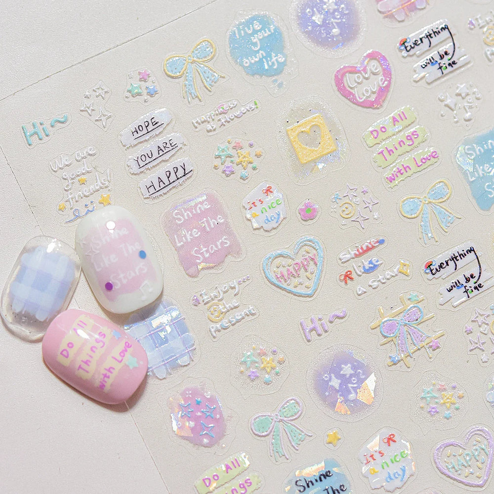 Dyeing Apple Cherry Fruit Dog Puppy Bowknot Colorful Cartoon Graffiti Reliefs Adhesive Nail Art Stickers Flowers Manicure Decals (ONLINE ORDER ONLY)