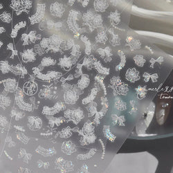 Cute 3D White Rose Flower Lace Bud Silk Bowknot Butterfly Dreamy Shiny Relief Chic Self Adhesive Nail Art Sticker Manicure Decal (ONLINE ORDER ONLY)