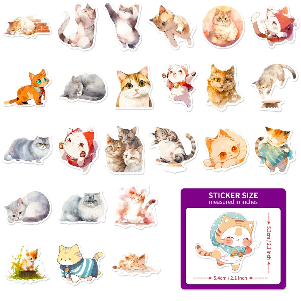 50Pcs Kawaii Painting Watercolor Cat Stickers Pack for Kids Cartoon Cute Graffiti Decals Scrapbooking Luggage Laptop Sticker (ONLINE ORDER ONLY)
