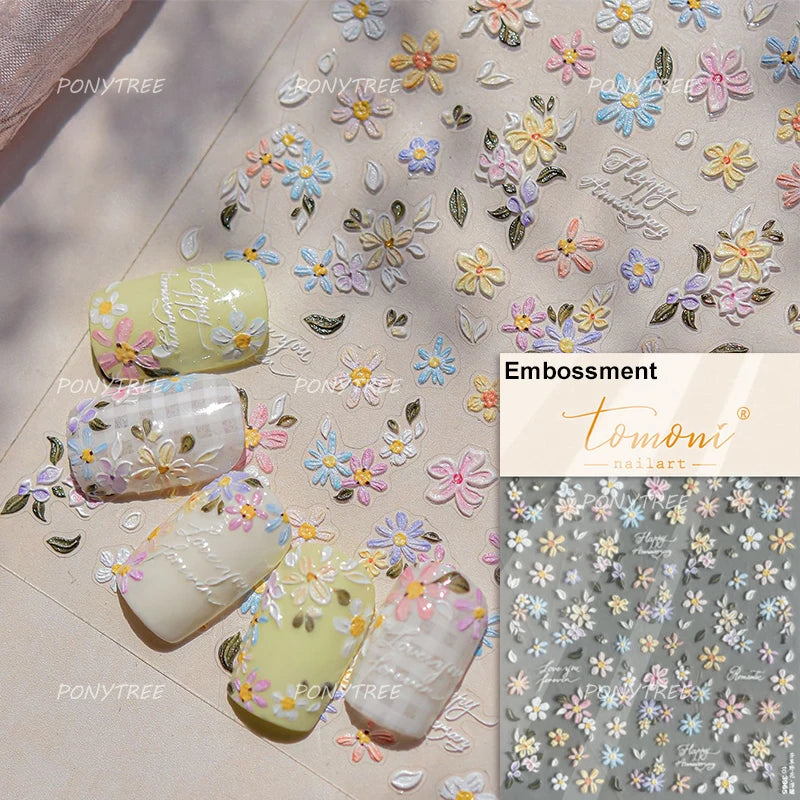 Field Bouquet Canola Flowers Daisy Tulip Garden Lavender Spring Embossed Reliefs Self Adhesive Nail Art Stickers Manicure Decals (ONLINE ORDER ONLY)