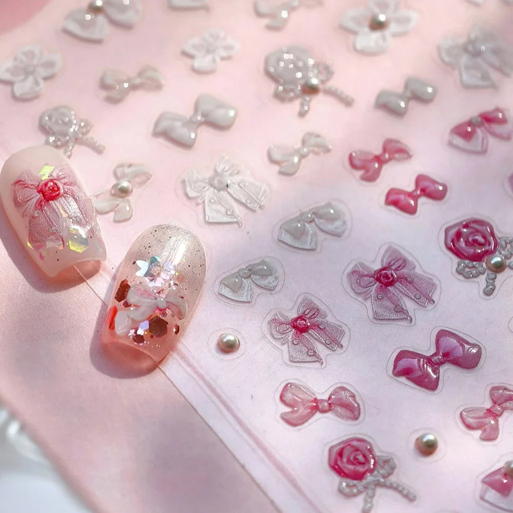 Chic Pink White Rose Flower Lace Bowknot Ribbon Jelly 5D Pearl Romantic Charming Self Adhesive Nail Art Sticker Manicure Decals (ONLINE ORDER ONLY)