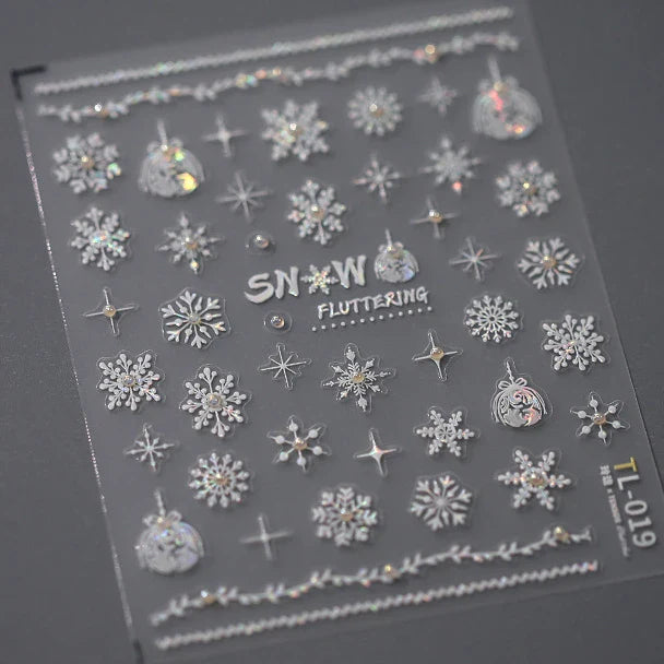 Hot Stamping Romantic White Gold Snowflakes Hexagon Winter 3D Self Adhesive Nail Art Stickers Shiny Rhinestone Manicure Decals (Online Order Only)