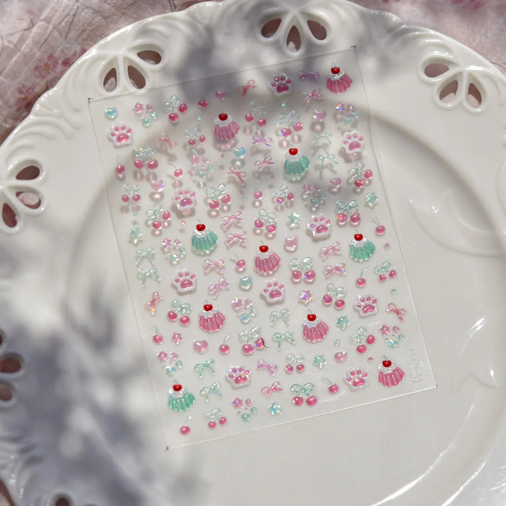 Lovely Green Pink Cherry Pudding Claw Paw Love Heart Bowknot Soft Embossed Reliefs Adhesive Nail Art Stickers Manicure Decals (ONLINE ORDER ONLY)