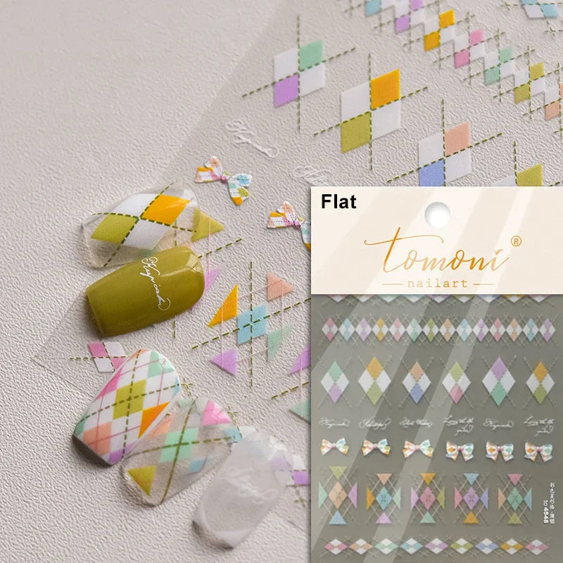 French Style Colorful Square Grid Rhombus Stripe Bowknot Line 3D Self Adhesive Nail Art Stickers Shiny Rhinestone Manicure Decal (Online Order Only)