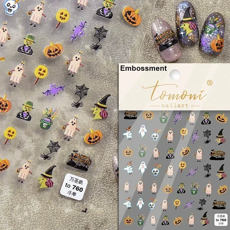 Halloween Ghost Pumpkin Bat Coffin Cat Spider Demon Jelly Self Adhesive Nail Art Sticker Terrifying Candy Candle Manicure Decals (ONLINE ORDER ONLY)