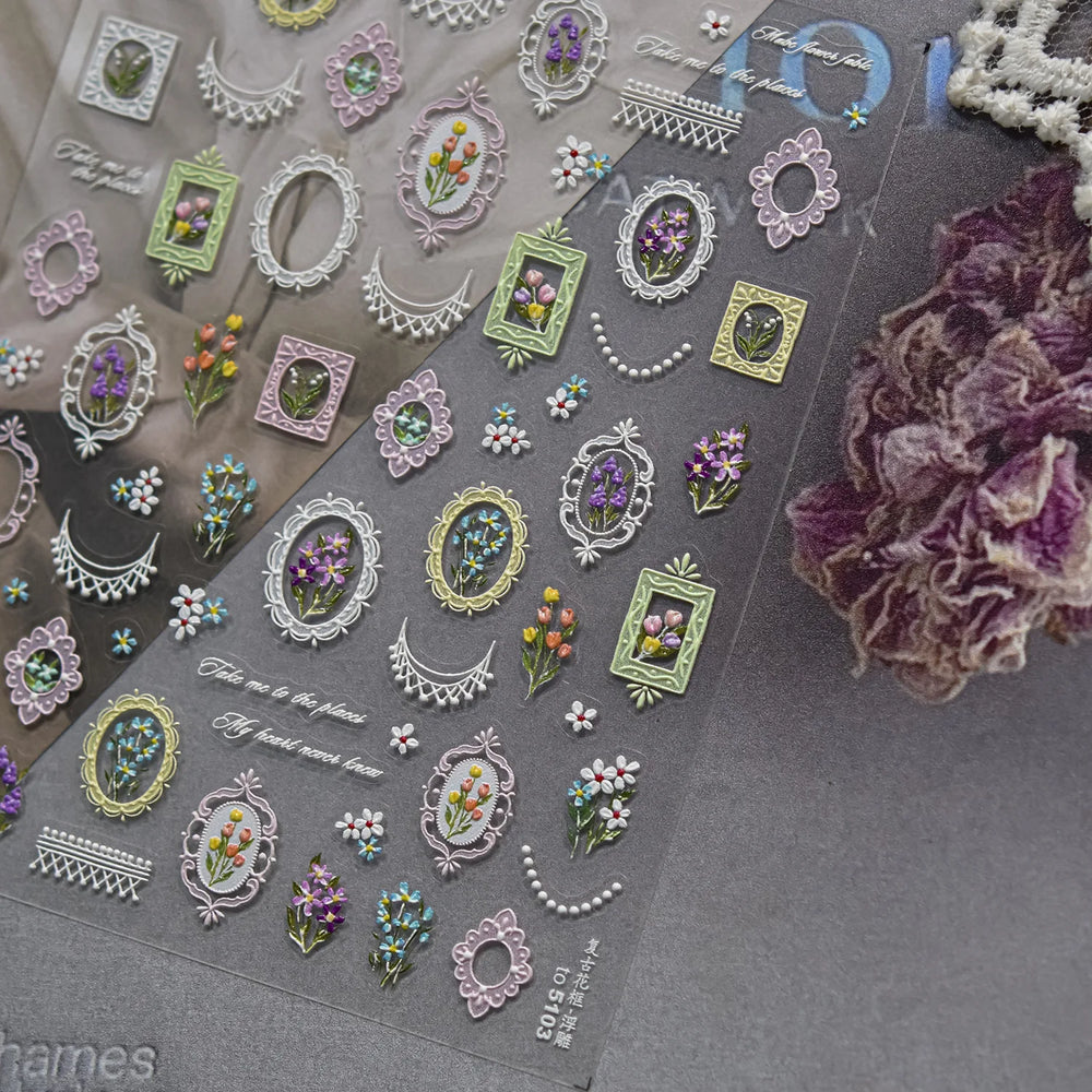 Retro European Flower Frame Gypsophila Bouquet Garden Charming Tulip Lavender Daisy Delicate Nail Art Stickers Manicure Decals (ONLINE ORDER ONLY)