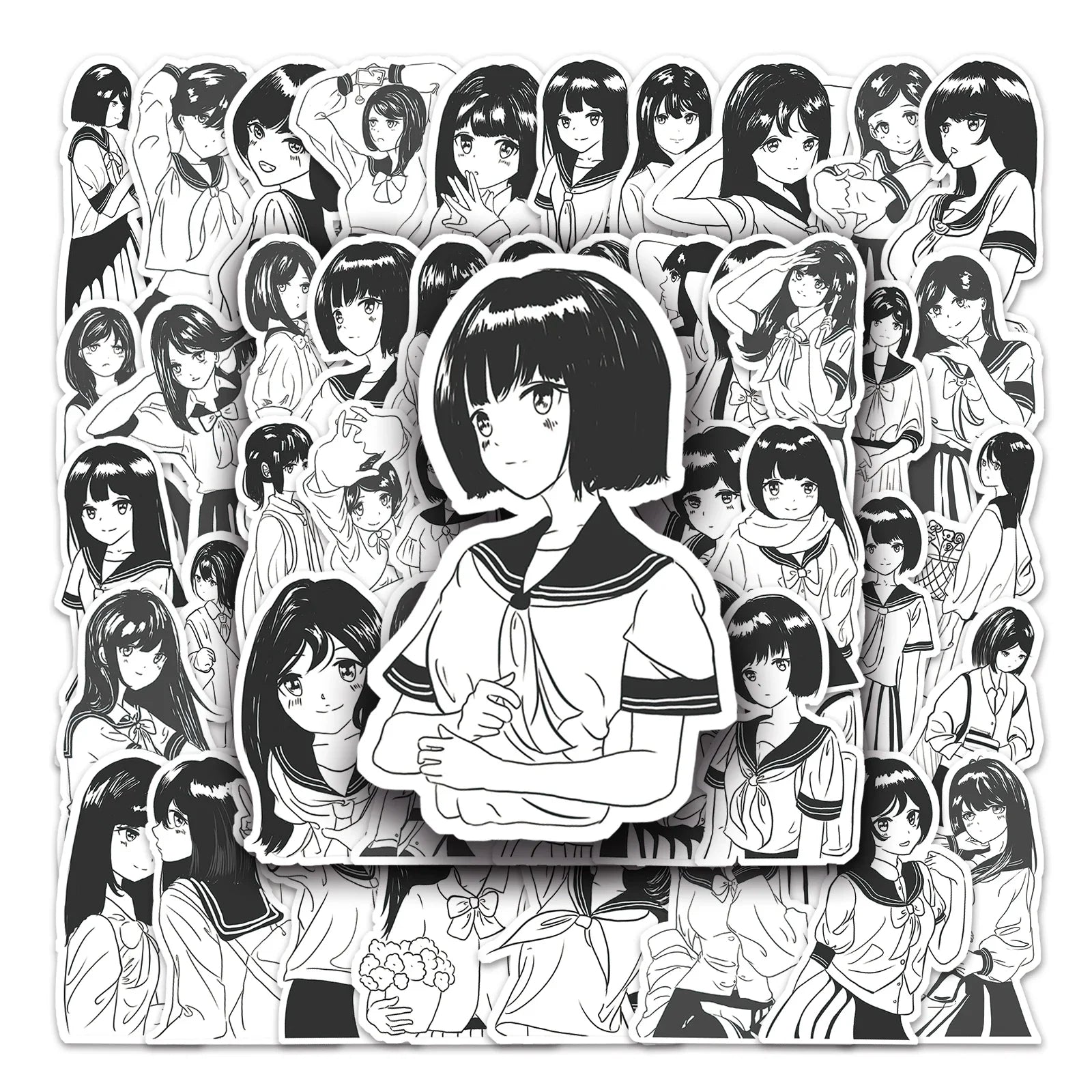 50Pcs Black & White Cartoon Waterproof Vinyl Stickers for Skateboard Snowboard (Online Order Only)