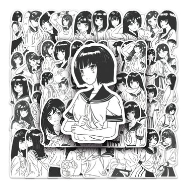 50Pcs Black & White Cartoon Waterproof Vinyl Stickers for Skateboard Snowboard (Online Order Only)