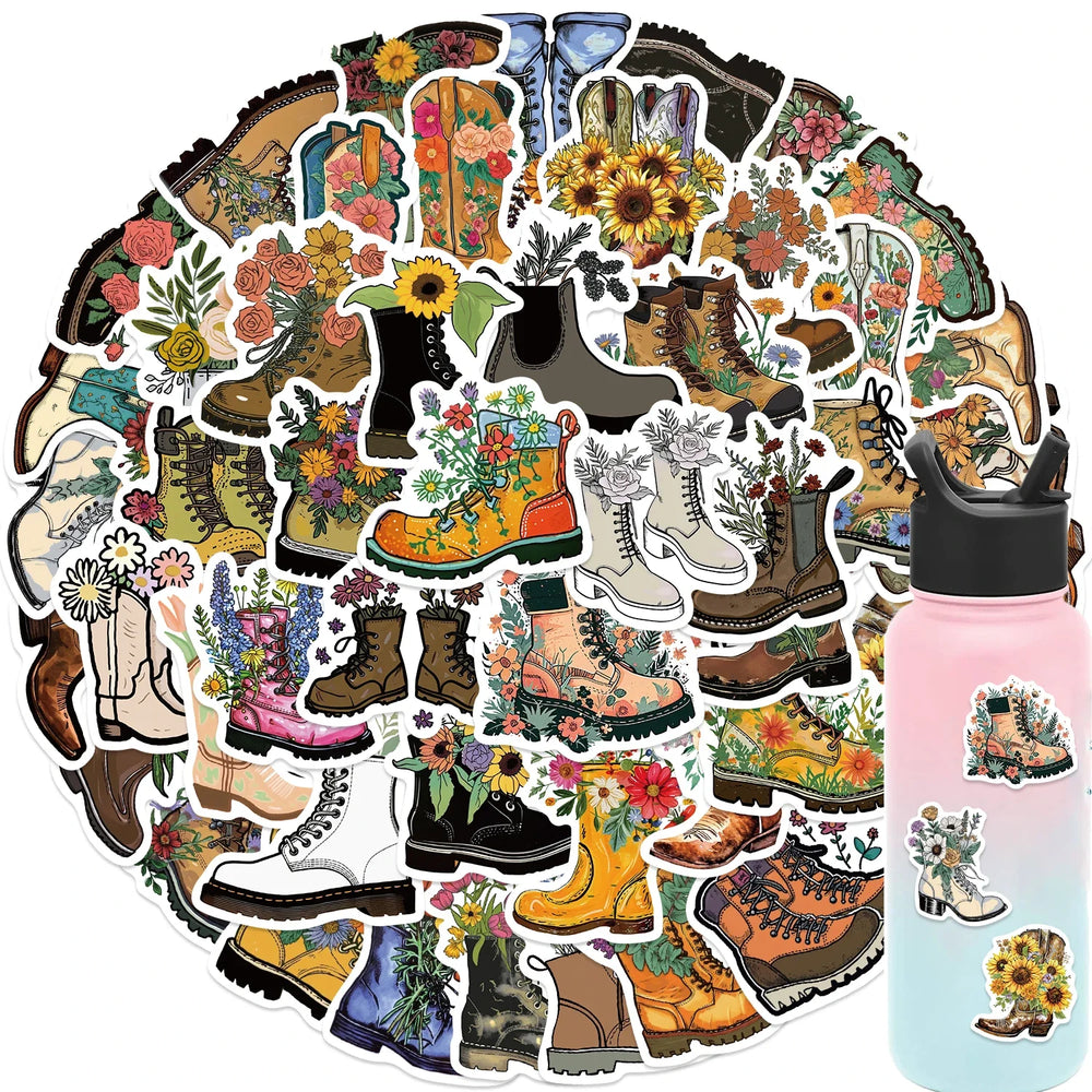 50pcs Vintage Flowers Boots Graffiti Stickers  DIY Scrapbooking  Waterproof Sticker For Laptop Phone Guitar Luggage (Online Order Only)