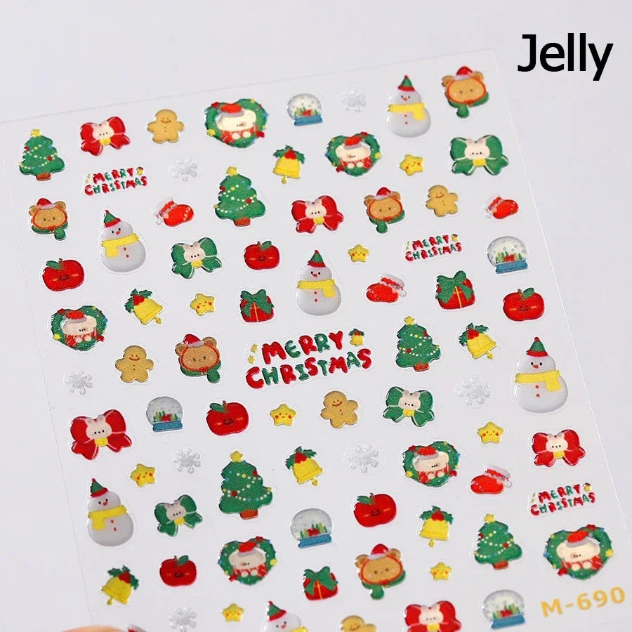 Snowman Apple Stars Gift Bell Snowflake Christmas Tree 3D Jelly Self Adhesive Nail Art Stickers Santa Claus Xmas Manicure Decals (ONLINE ORDER ONLY)