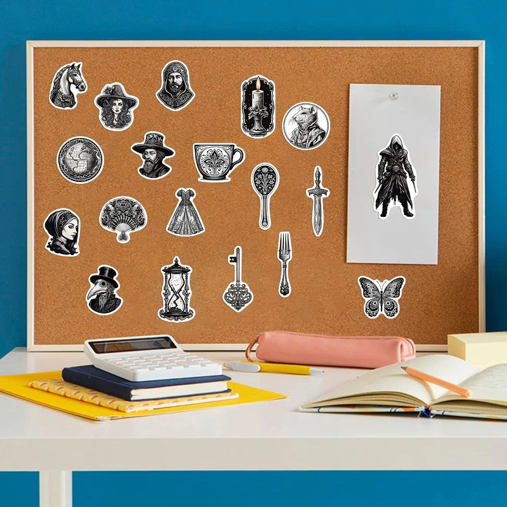 50PCS Black And White Medieval Style Sticker Graffiti Personality Trend Guitar Water Cup Computer Suitcase Sticker Wholesale﻿ (ONLINE ORDER ONLY)