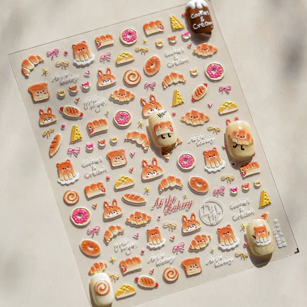 Cute Baking Cookies Bread Bread Cheese Pudding Chocolate Croissant Doughnut Adhesive Nail Art Decoration Sticker Manicure Decals (ONLINE ORDER ONLY)