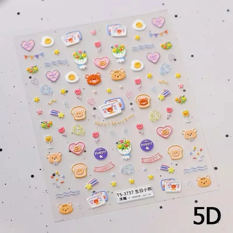 Bowknot Dog puppy Christmas Hat Strawberry Cake Food Coffee Cherry Love Heart Adhesive Nail Art Sticker Reliefs Manicure Decals (Online Order Only)